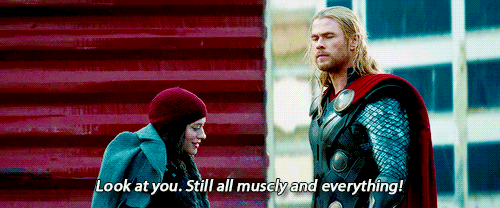 Kat Dennings as Darcy and Chris Hemsworth as Thor in Thor: The Dark World