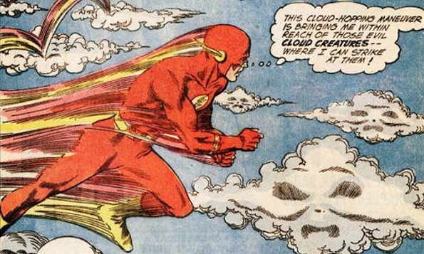 The Flash races at high speed to fight cloud creatures