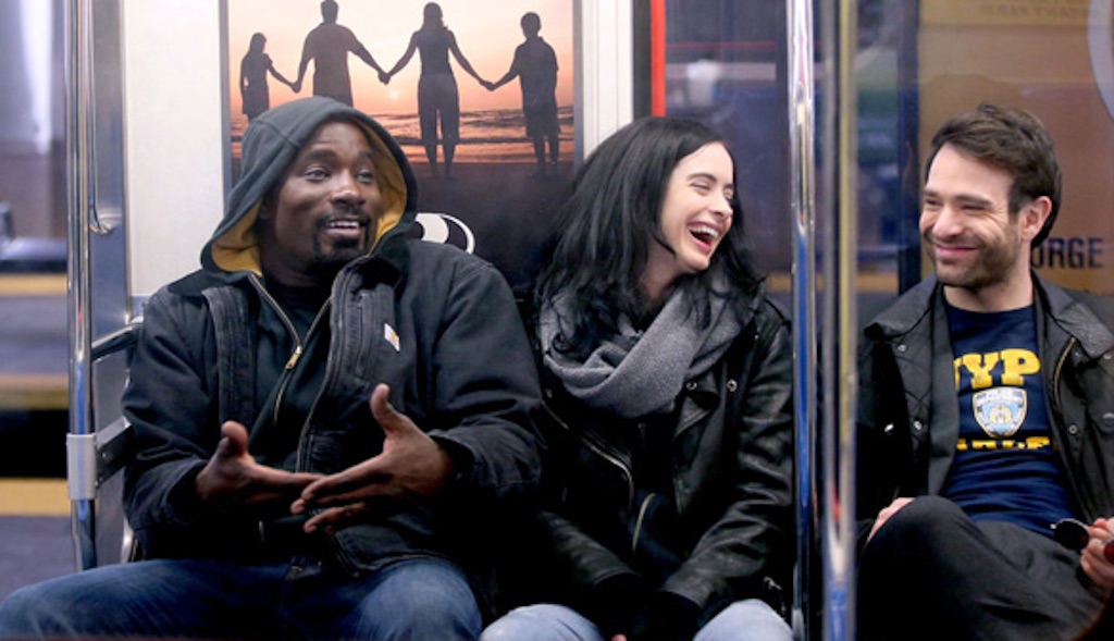 Actors Mike Colter, Krysten Ritter, and Charlie Cox between takes on Marvel's Defenders