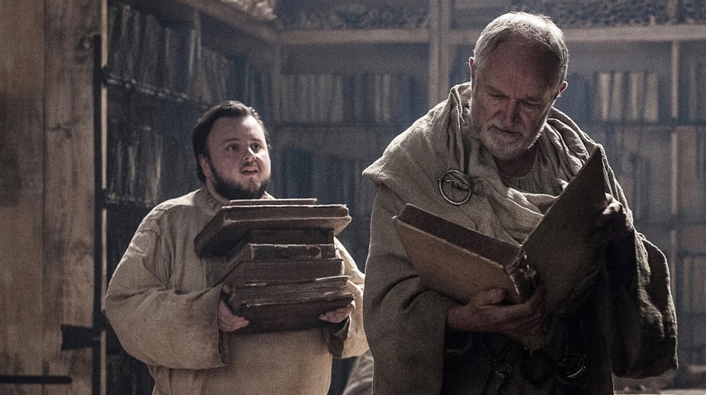 Sam Tarly and Archmaester Ebrose in the Citadel on Game of Thrones