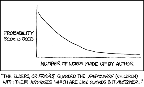 XKCD's Fiction Rule of Thumb, by Randall Munroe: A book's quality is inversely proportional to the number of words its author makes up