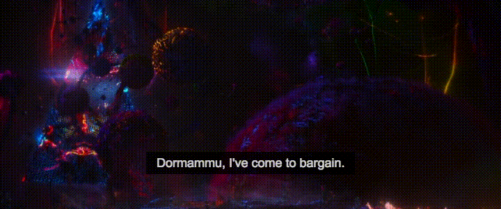 Benedict Cumberbatch as Doctor Strange, bargaining with Dormammu