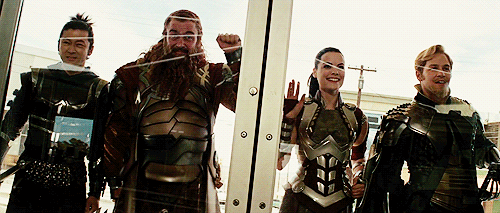 The Warriors Three and Sif in the first Thor movie