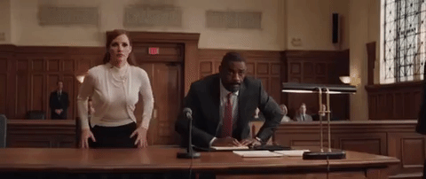 Jessica Chastain and Idris Elba rise for court sentencing in Molly's Game