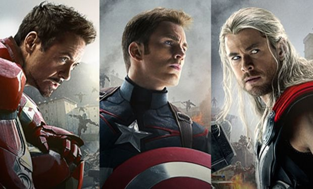 Robert Downey, Jr., Chris Evans, and Chris Hemsworth as Tony Stark / Iron Man, Steve Rogers / Captain America, and Thor