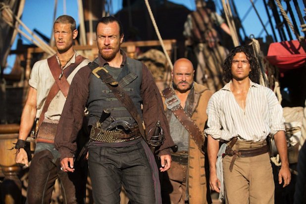 Billy Bones, Captain Flint, Mister Gates, and John Silver aboard the Walrus in Starz's Black Sails