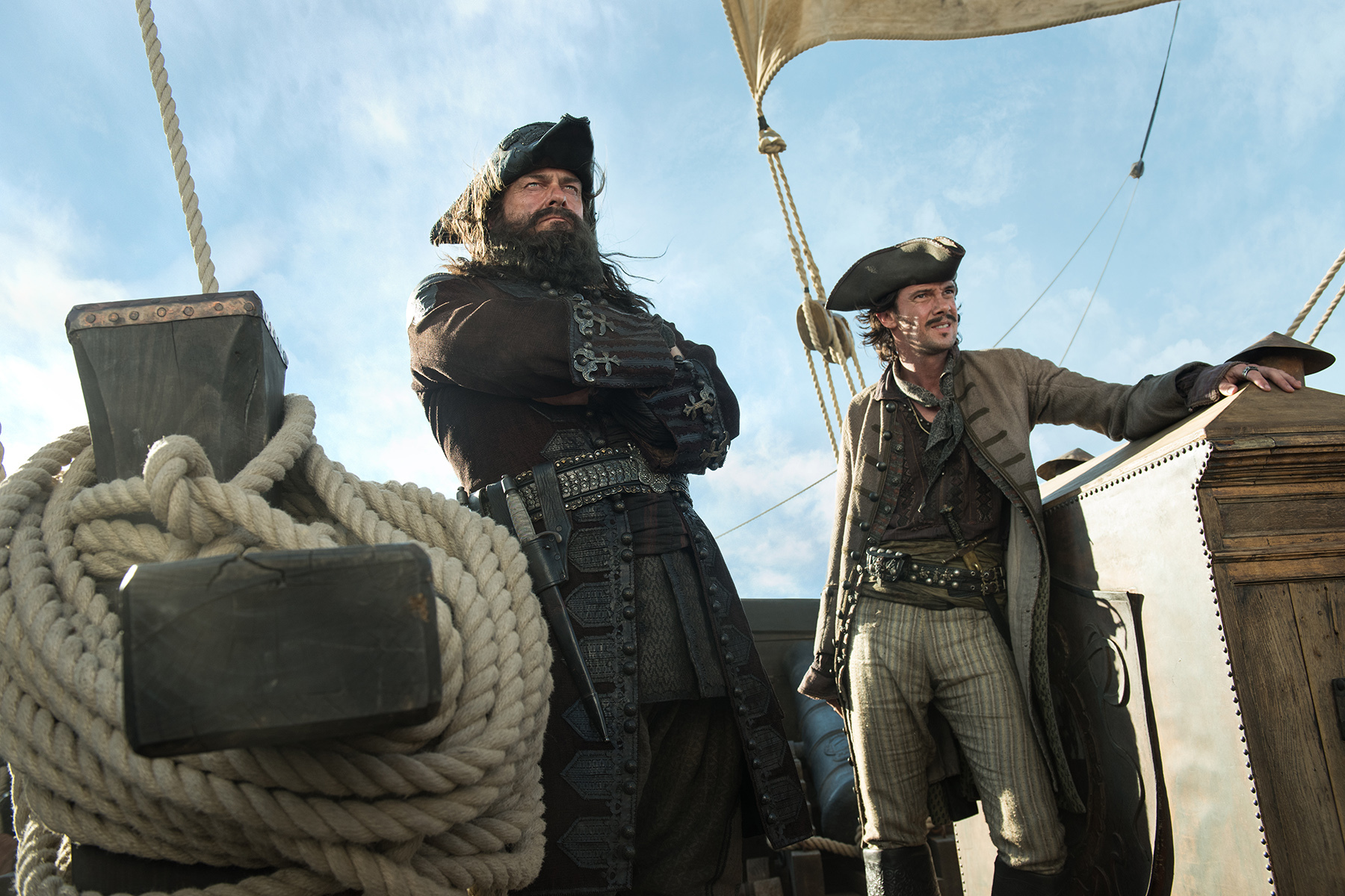 Ray Stevenson and Toby Schmitz as pirates Blackbeard and Jack Rackham on Black Sails