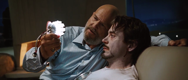 Jeff Bridges as Obadiah Stane and Robert Downey, Jr., as Tony Stark in Marvel's Iron Man