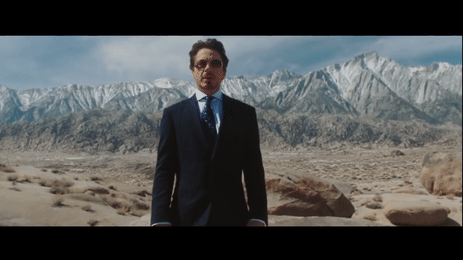 Robert Downey, Jr., as Tony Stark demonstrating the Stark Industries Jericho Missile desert weapons test in Marvel's 2008 Iron Man