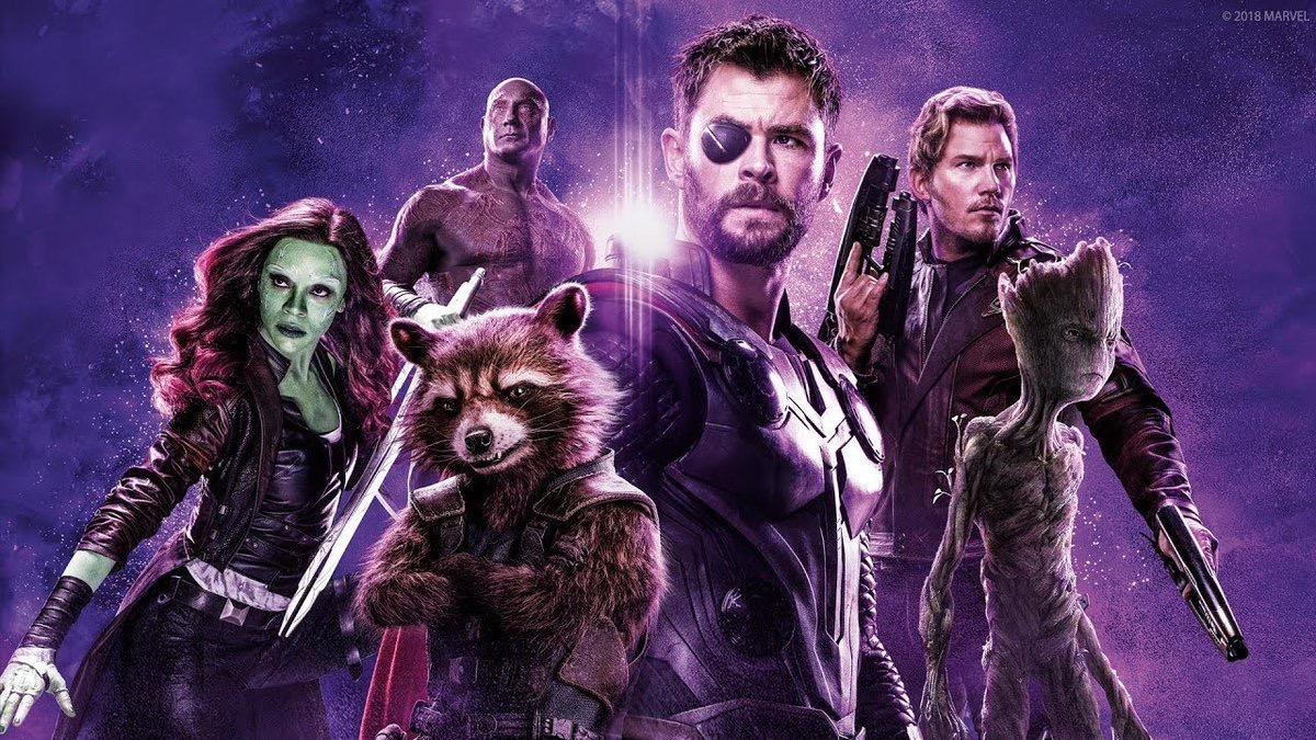 Avengers: Infinity War art featuring Gamora, Drax, Rocket Raccoon, Thor, Star-Lord, and Groot
