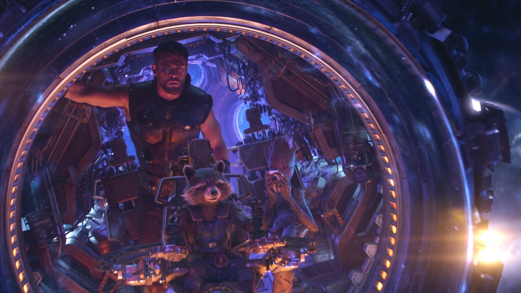 Thor (Chris Hemsworth), Rocket Raccoon (Bradley Cooper), and Groot (Vin Diesel) in Avengers: Infinity War
