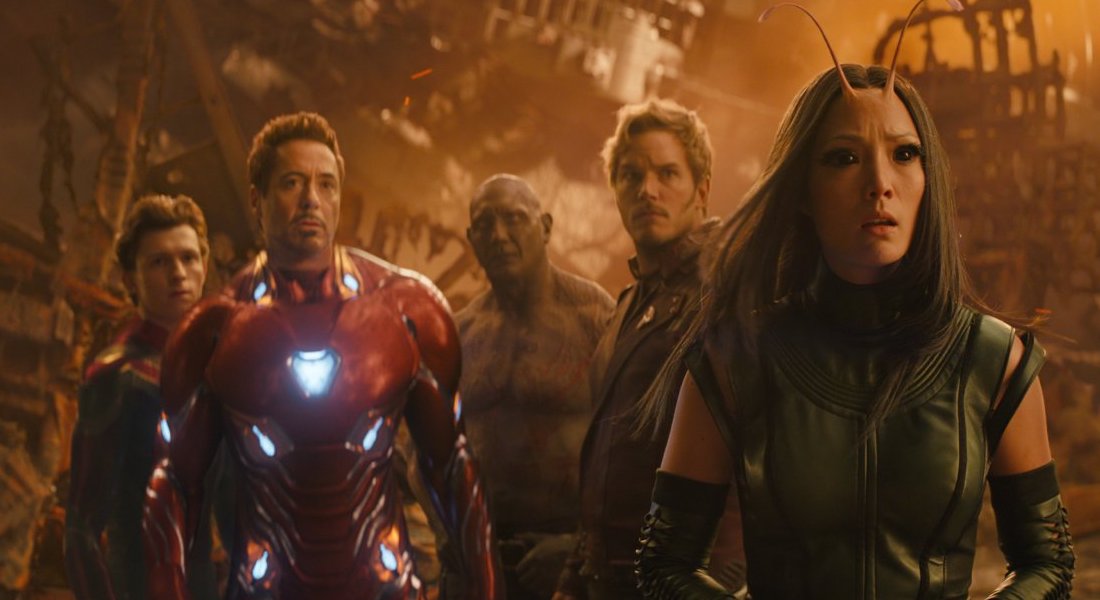 Spider-Man, Iron Man, Drax, Star-Lord, and Mantis on Titan in Avengers: Infinity War
