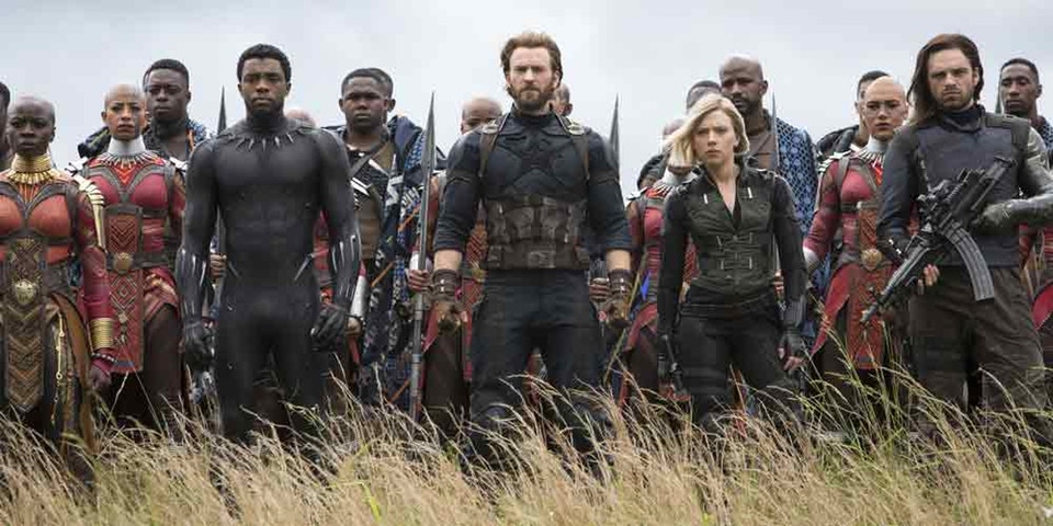 Black Panther (Chadwick Boseman), Captain America (Chris Evans), Black Widow (Scarlett Johanssen) and Winter Soldier (Sebastian Stan) defend Wakanda in Avengers: Infinity War