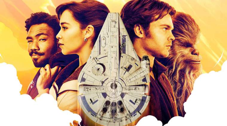 Lando Calrissian (Donald Glover), Qi'ra (Emilia Clarke), Han Solo (Alden Ehrenreich), Chewbacca (Joonas Suotamo) and the Millennium Falcon on the international movie poster for SOLO: A Star Wars Story