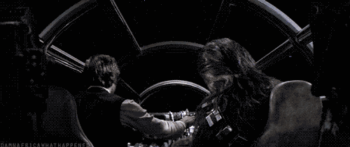 Han Solo and Chewbacca jump to lightspeed in the Millennium Falcon in Star Wars Episode IV: A New Hope