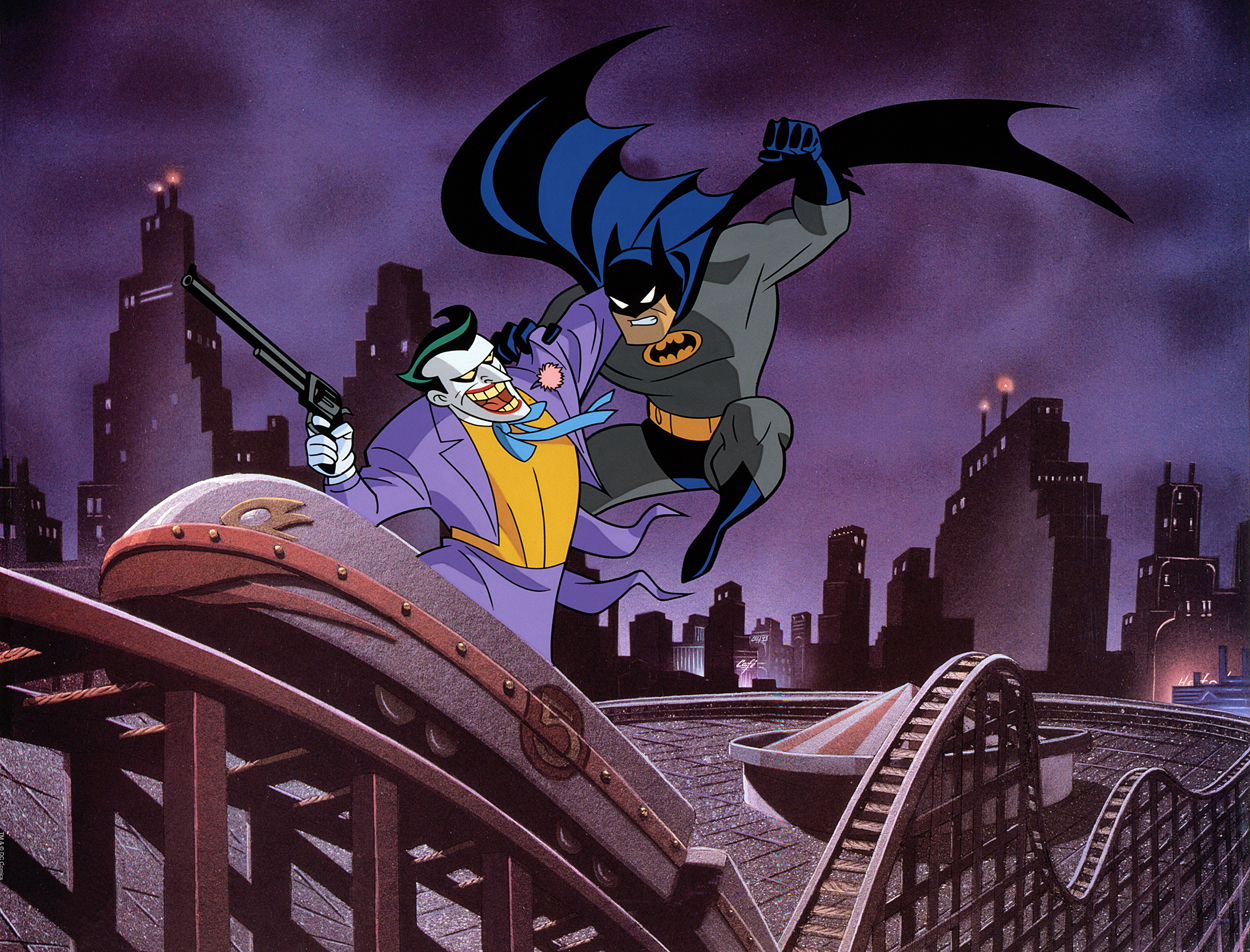 Joker and Batman fight over Gotham in Bruce Timm's art deco-inspired layout