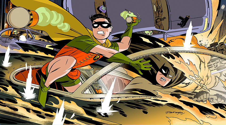 The Batmobile helps Robin and Batman fight Gotham crime in this comic book image from artist Darwyn Cooke