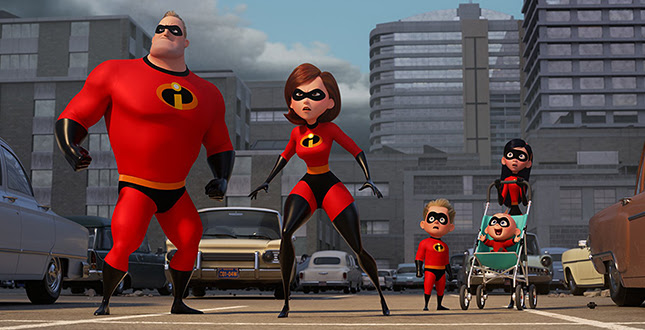 The Parr family in their superhero costumes in The Incredibles 2