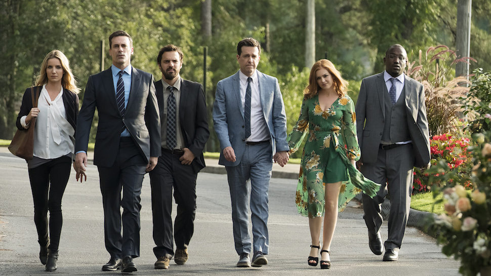 The cast of the movie Tag: Annabelle Wallis (Rebecca), Jon Hamm (Bob), Jake Johnson (Chilli), Ed Helms (Hoagie), Isla Fisher (Anna), and Sable (Hannibal Buress) arrive at Jerry and Susan's wedding