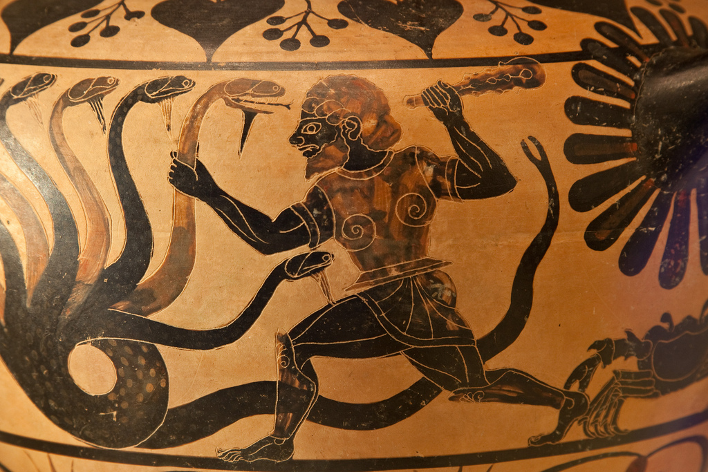 Heracles battles the hydra in a painting on Greek pottery