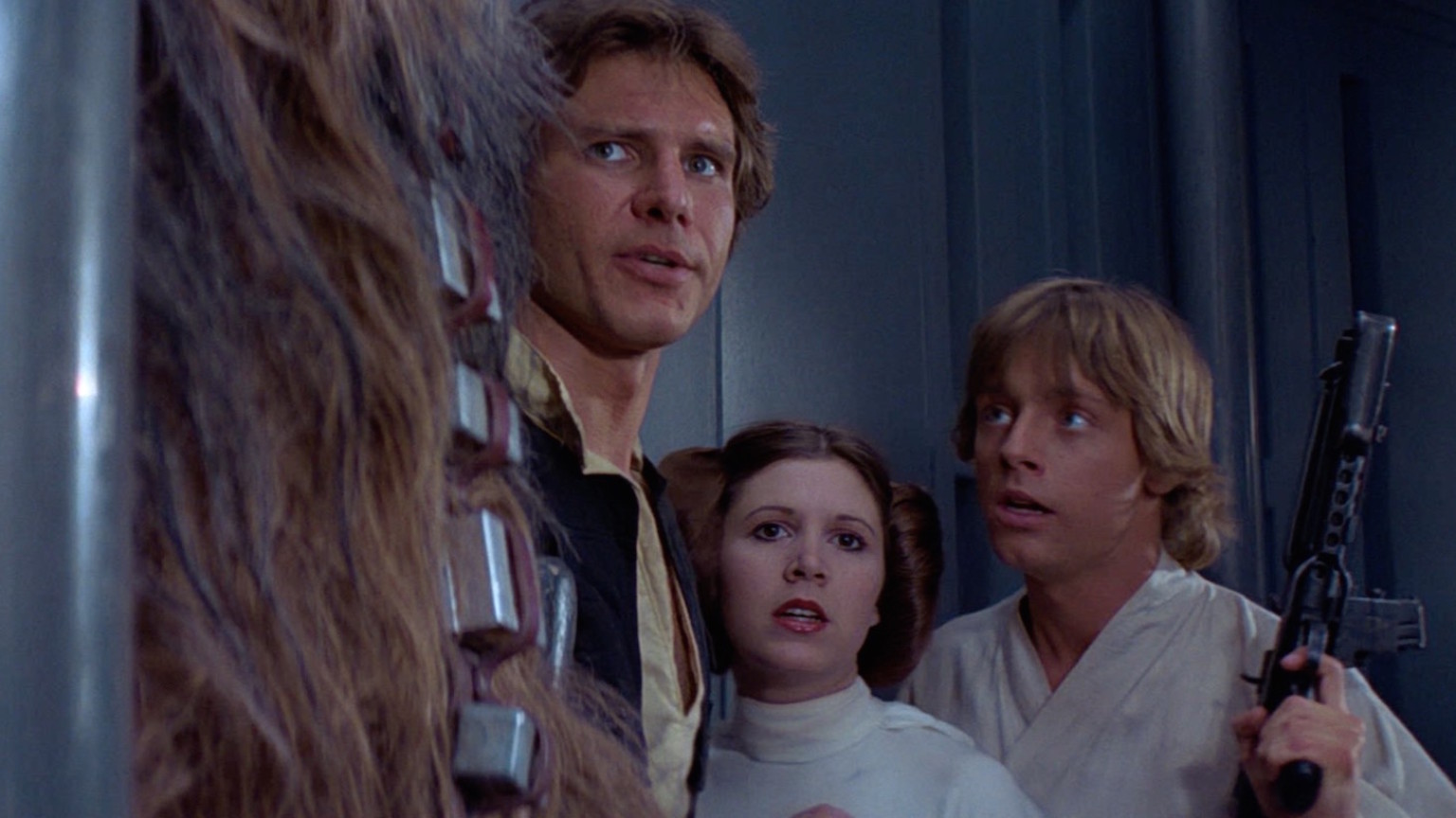 Han Solo, Princess Leia, and Luke Skywalker on the Death Star in the original Star Wars movie