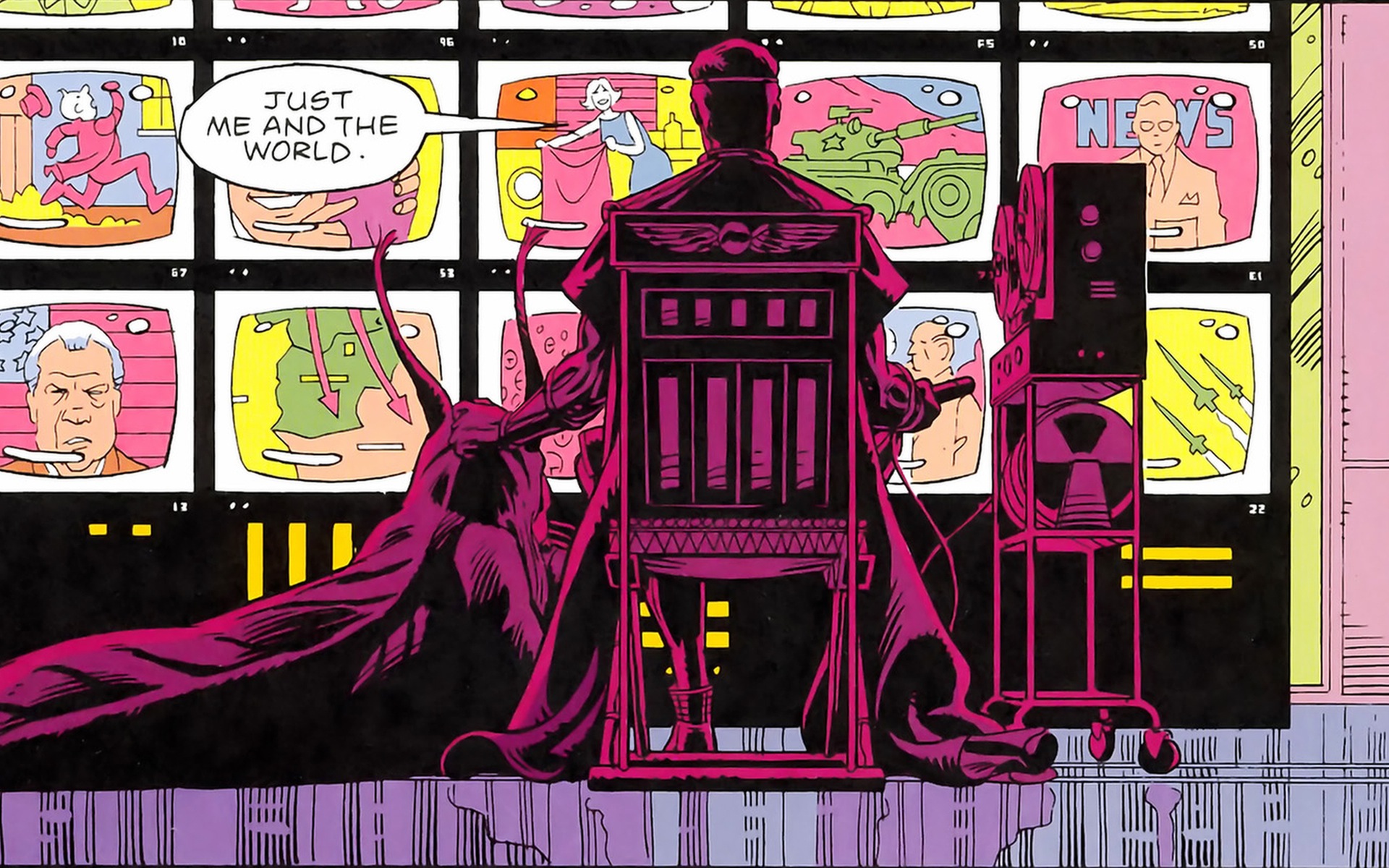 Bubastis and Ozymandias watch the world in Alan Moore and Dave Gibbons's comic series Watchmen