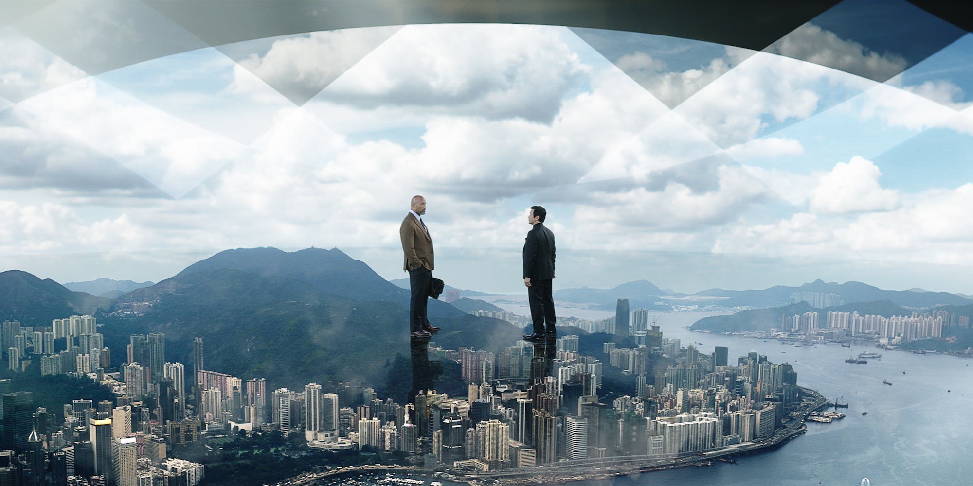 Will Sawyer (Dwayne Johnson) and Zhao Long Ji (Chin Han) enjoy the view from inside the Pearl in the movie Skyscraper