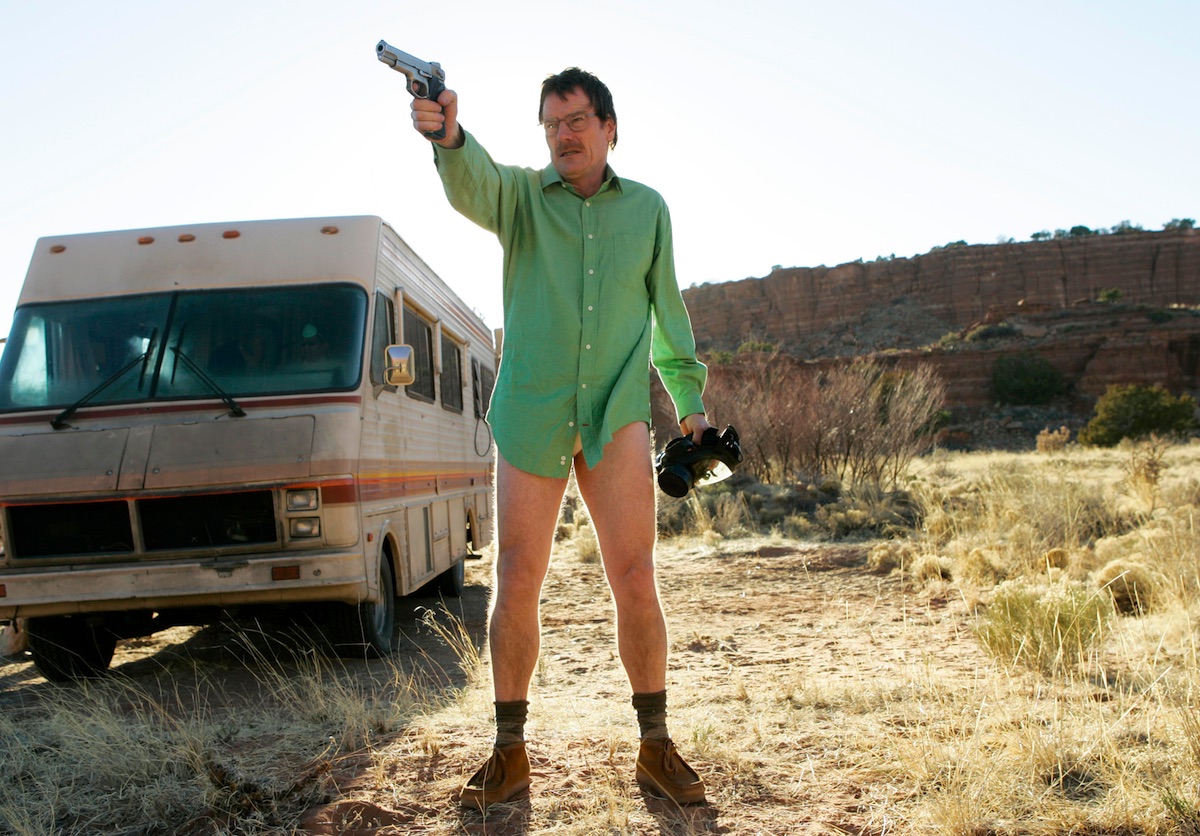 Walter White (Bryan Cranston) outside his meth-cooking RV in the pilot episode of AMC's TV series Breaking Bad