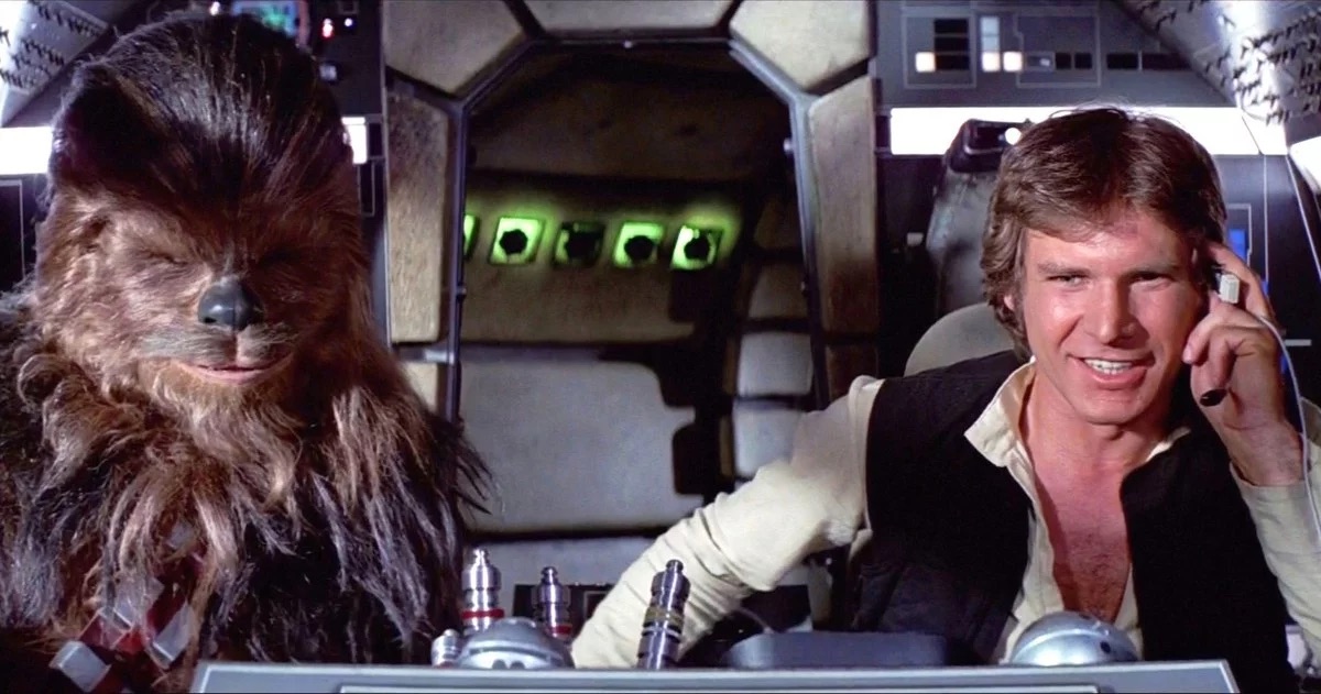 Chewbacca and Han Solo aboard the Millennium Falcon in Star Wars: A New Hope
