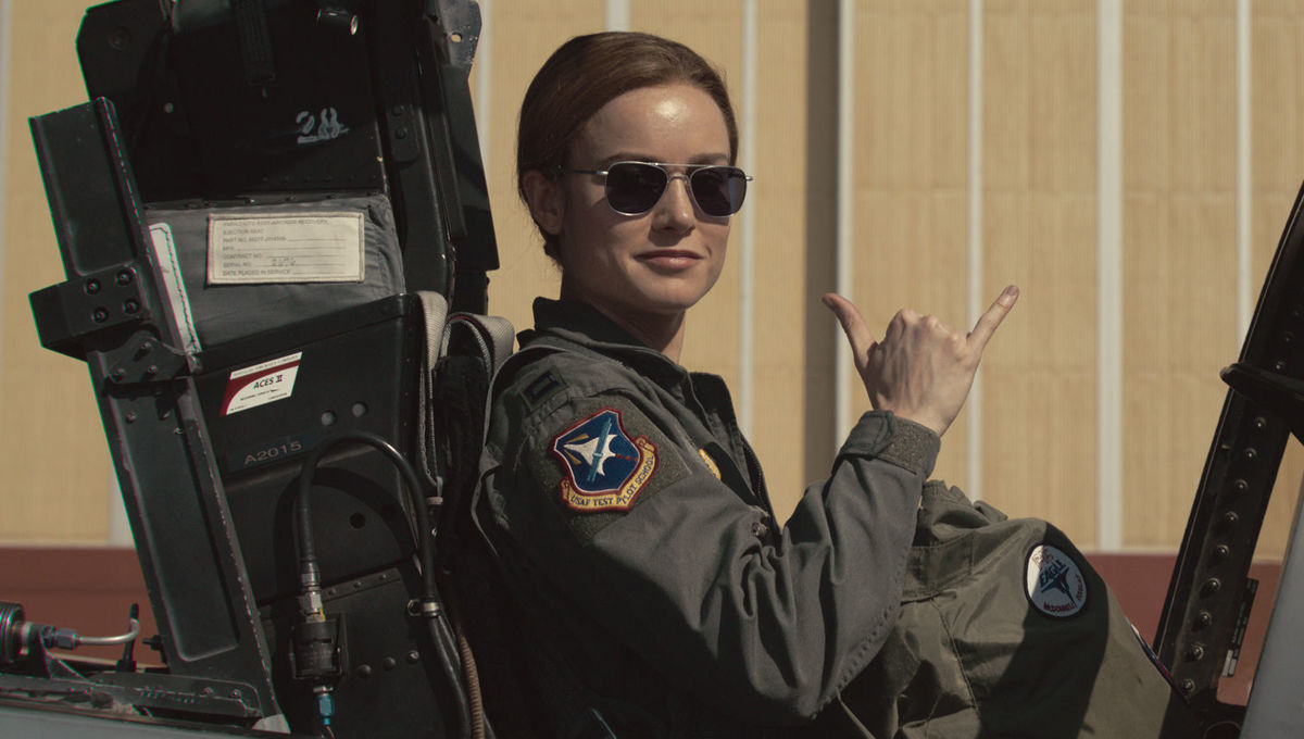 Carol Danvers (Brie Larson) as a pilot in the 2019 Marvel movie Captain Marvel