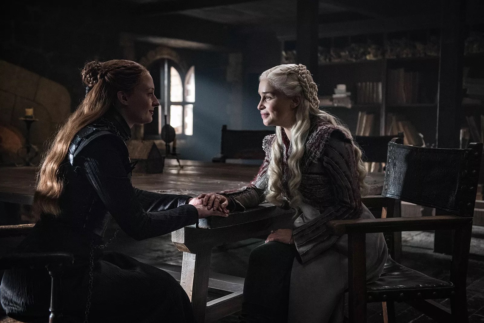 Sansa (Sophie Turner) and Dany (Emilia Clarke) have a brief moment of understanding in Winterfell on HBO's Game of Thrones
