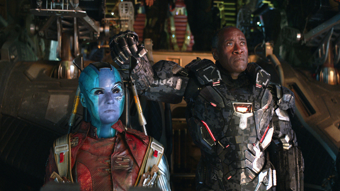 In Marvel Studios' AVENGERS: ENDGAME, Nebula (Karen Gillan) and War Machine / James "Rhodey" Rhodes (Don Cheadle) head to space to find Thanos