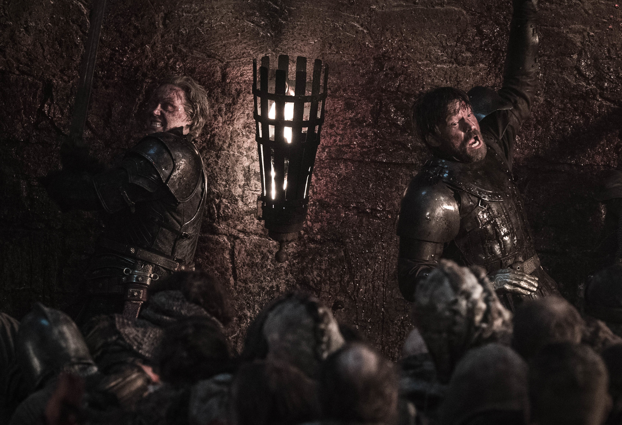 Ser Brienne of Tarth (Gwendoline Christie) and Ser Jaime Lannister (Nikolaj Coster-Waldau) battle wights in Winterfell castle on Game of Thrones episode "The Long Night"