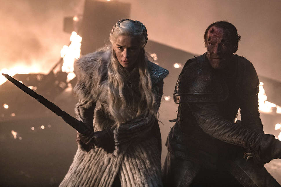 Dany (Emilia Clarke) and Ser Jorah (Iain Glen) fight the dead in Game of Thrones episode "The Long Night"