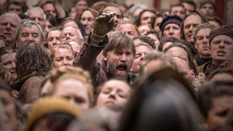 Jaime Lannister (Nikolaj Coster-Waldau) in a sea of innocent people in King's Landing in the Game of Thrones episode "The Bells"