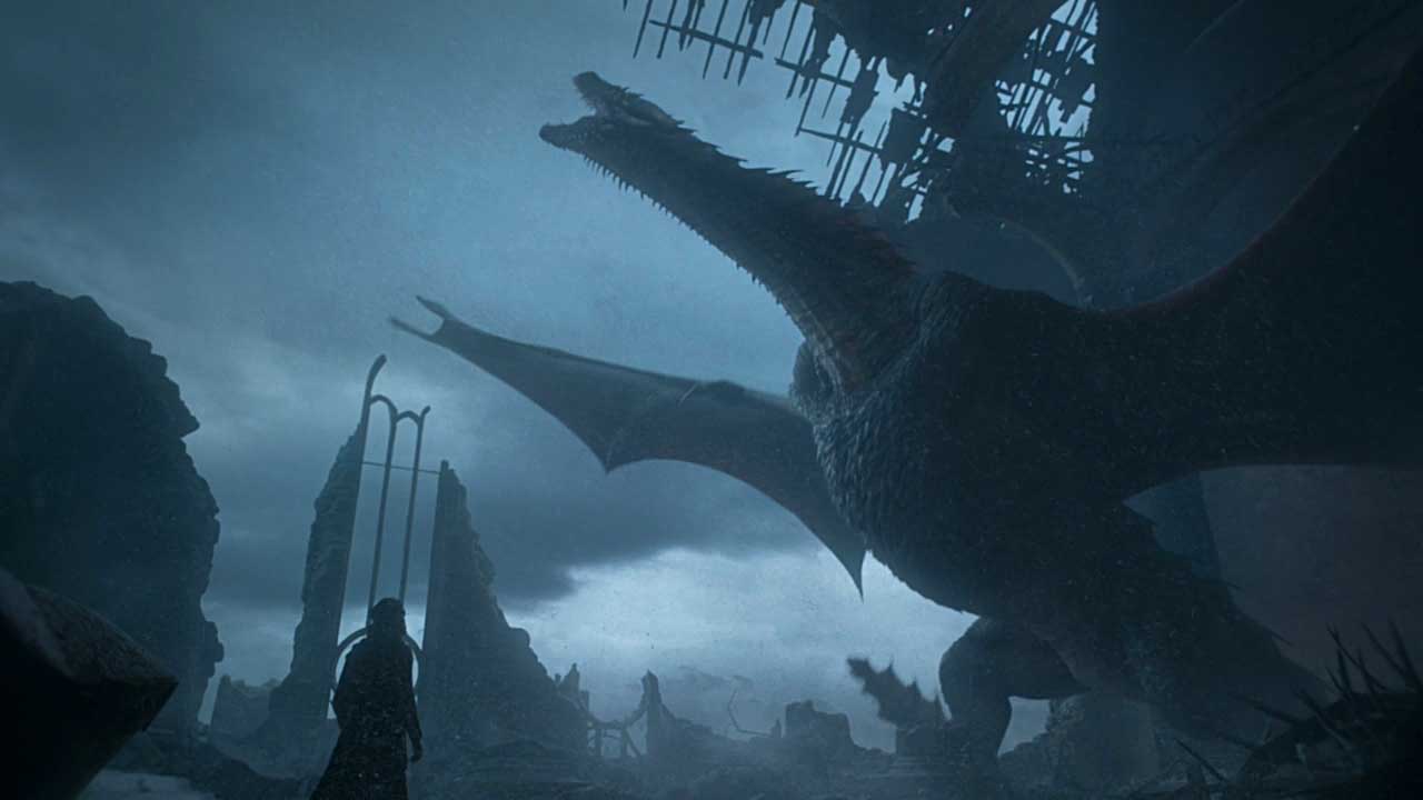 Drogon in the throne room in the final episode of Game of Thrones, "The Iron Throne"