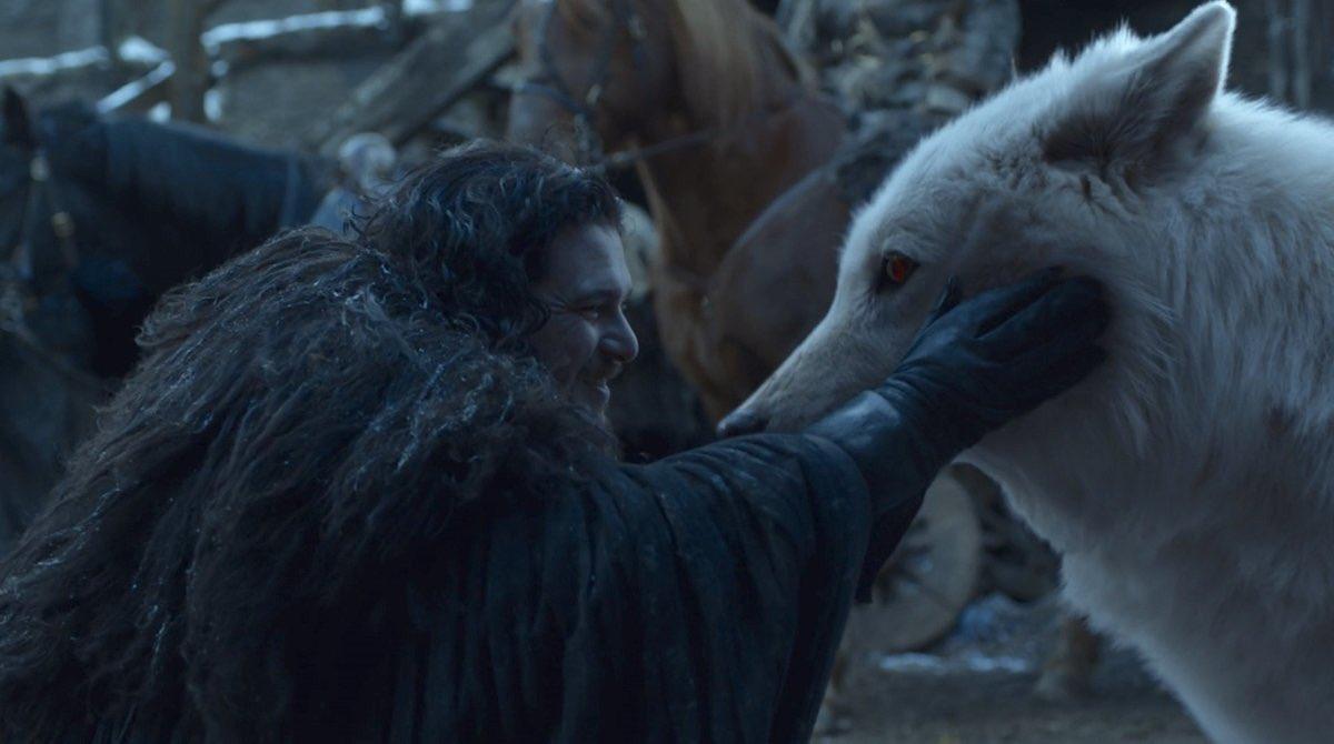 Jon Snow (Kit Harrington) pets Ghost the direwolf in the series finale of Game of Thrones