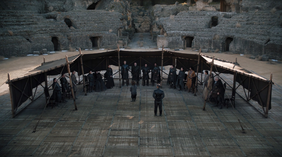 The council of lords meets in the Dragon Pit to decide the fate of Tyrion Lannister on the series finale of Game of Thrones