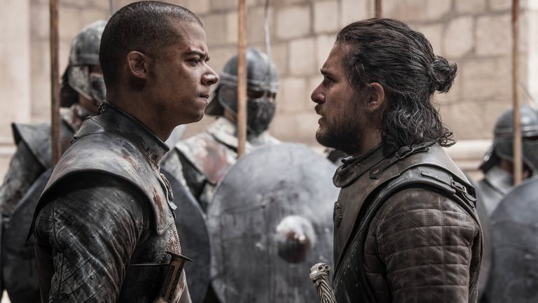 Grey Worm of the Unsullied (Jacob Anderson) and Jon Snow (Kit Harrington) face off in the final episode of Game of Thrones