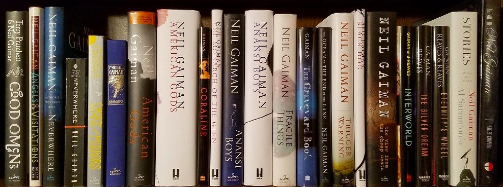 A shelf of books written by author Neil Gaiman