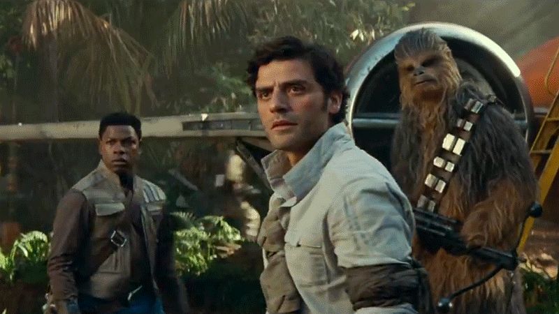 Finn (John Boyega), Poe Dameron (Oscar Isaac), and Chewbacca in Star Wars: The Rise of Skywalker