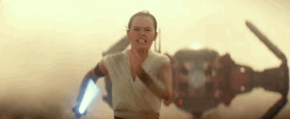 Rey (Daisy Ridley) on the run from The First Order in Star Wars: The Rise of Skywalker