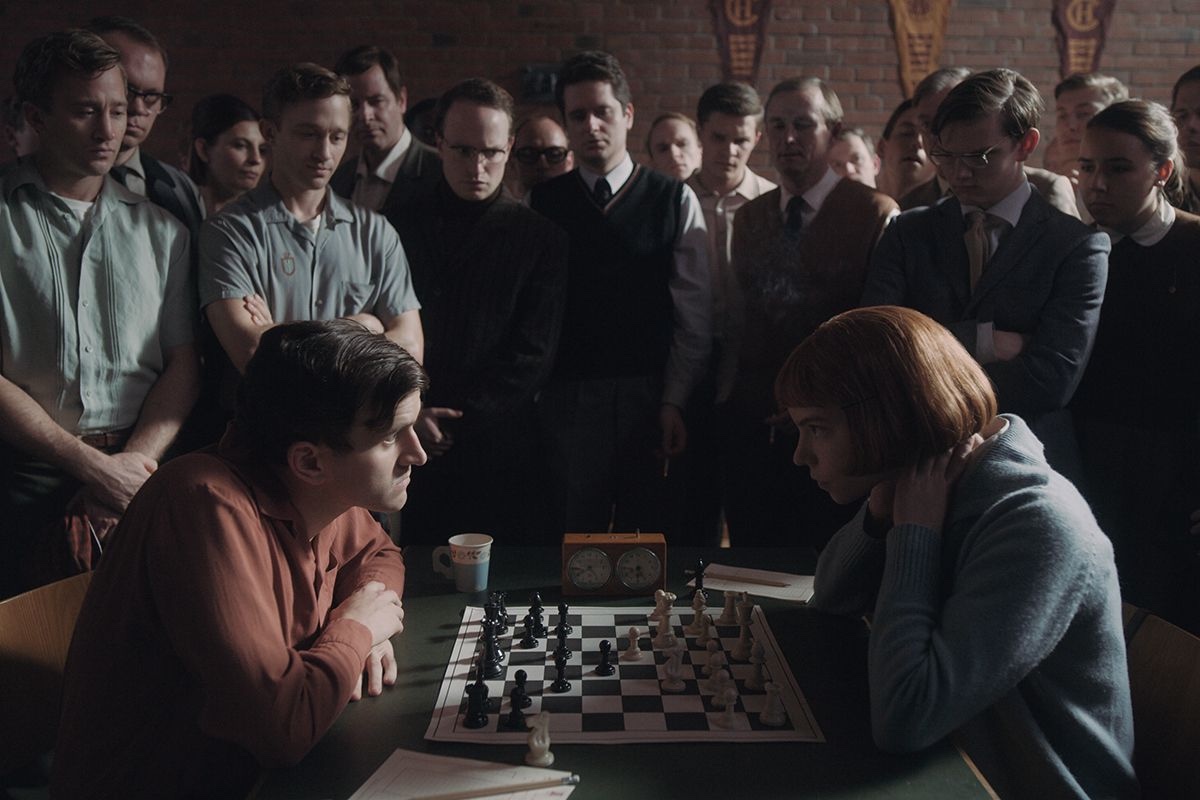 Harry Beltik (Harry Melling) faces Beth Harmon (Anya Taylor-Joy) in her first chess tournament in episode 2 of The Queen's Gambit