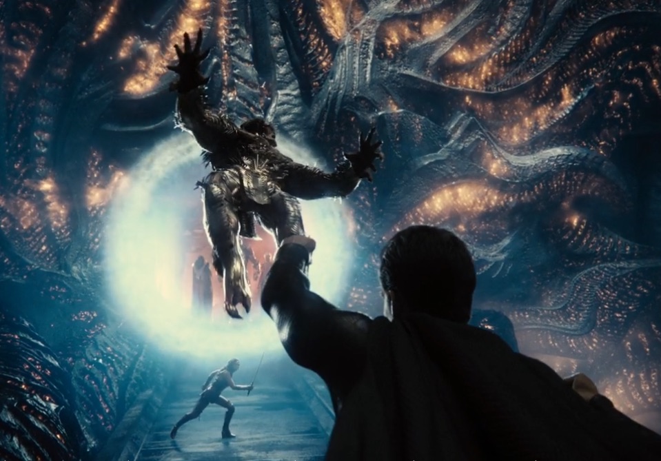 Superman punches Steppenwolf toward a Boom Tube to Apokalips in The Snyder Cut of Justice League