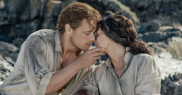 Sam Heughan as Jamie and Caitriona Balfe as Claire in Outlander