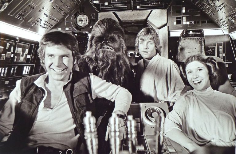 Harrison Ford (Han Solo), Peter Mayhew (Chewbacca), Mark Hamill (Luke Skywalker), and Carrie Fisher (Princess Leia Organa) in Star Wars: A New Hope