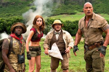 The cast of Jumanji: Welcome to the Jungle - Kevin Hart (Franklin "Mouse" Finbar), Karen Gillan (Ruby Roundhouse), Jack Black (Dr. Shelly Oberon), and Dwayne "The Rock" Johnson (Dr. Smolder Bravestone)
