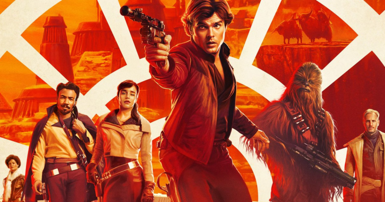 Star Wars movie art featuring Alden Ehrenreich and the cast of Solo: A Star Wars Story