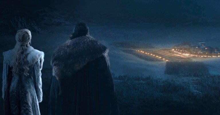 Daenerys Targaryen (Emilia Clarke) and Jon Snow (Kit Harrington) watch the armies prepare for the Battle of Winterfell in "The Long Night" on HBO's Game of Thrones